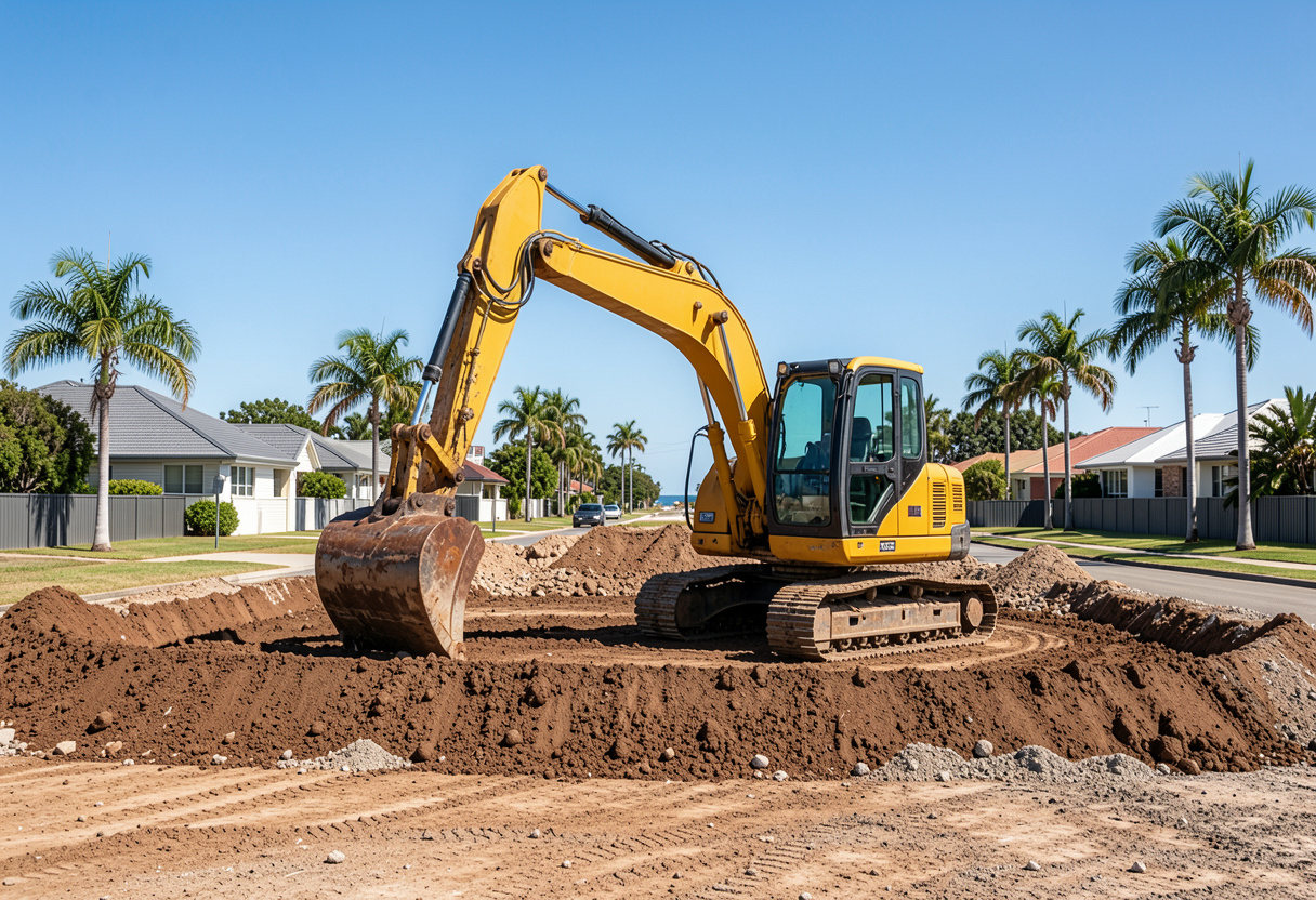 Mid-sized yellow site excavator preparing a residential building site on the Fraser Coast