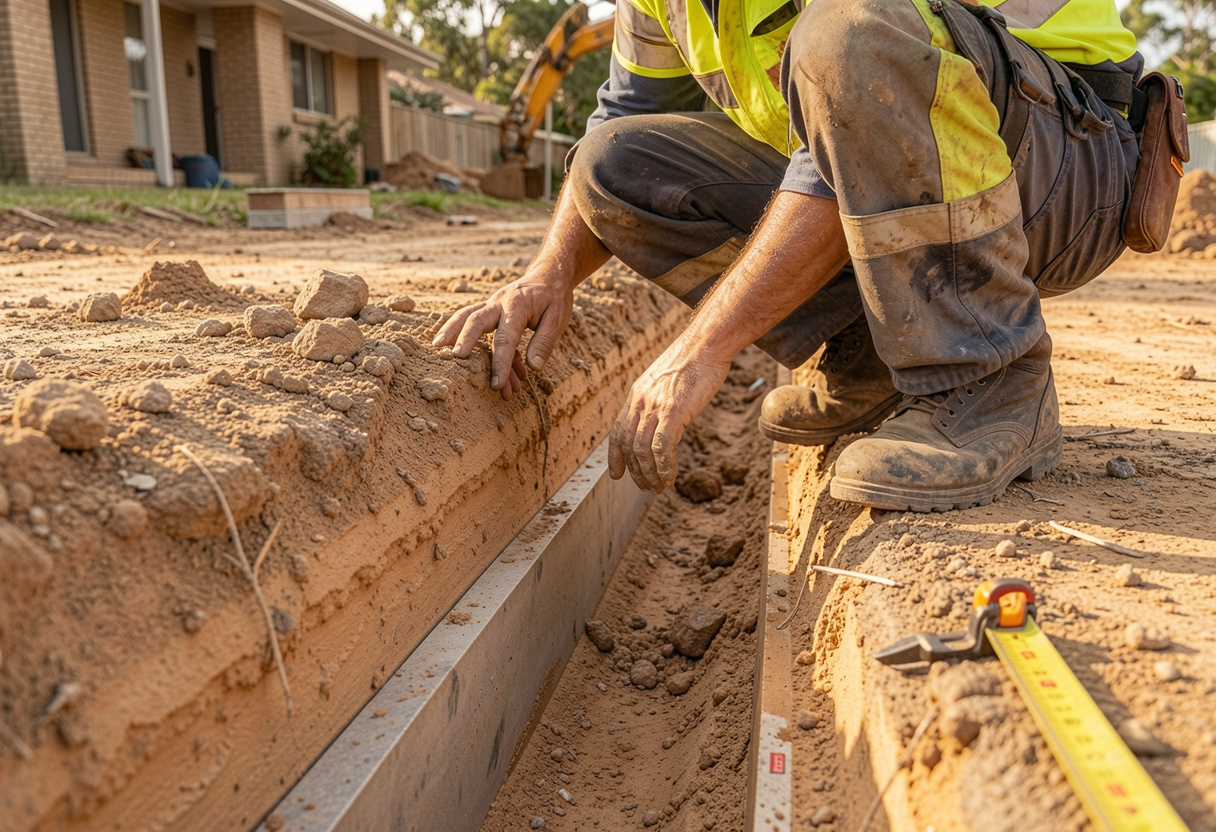 Close-up of a clean foundation excavation trench