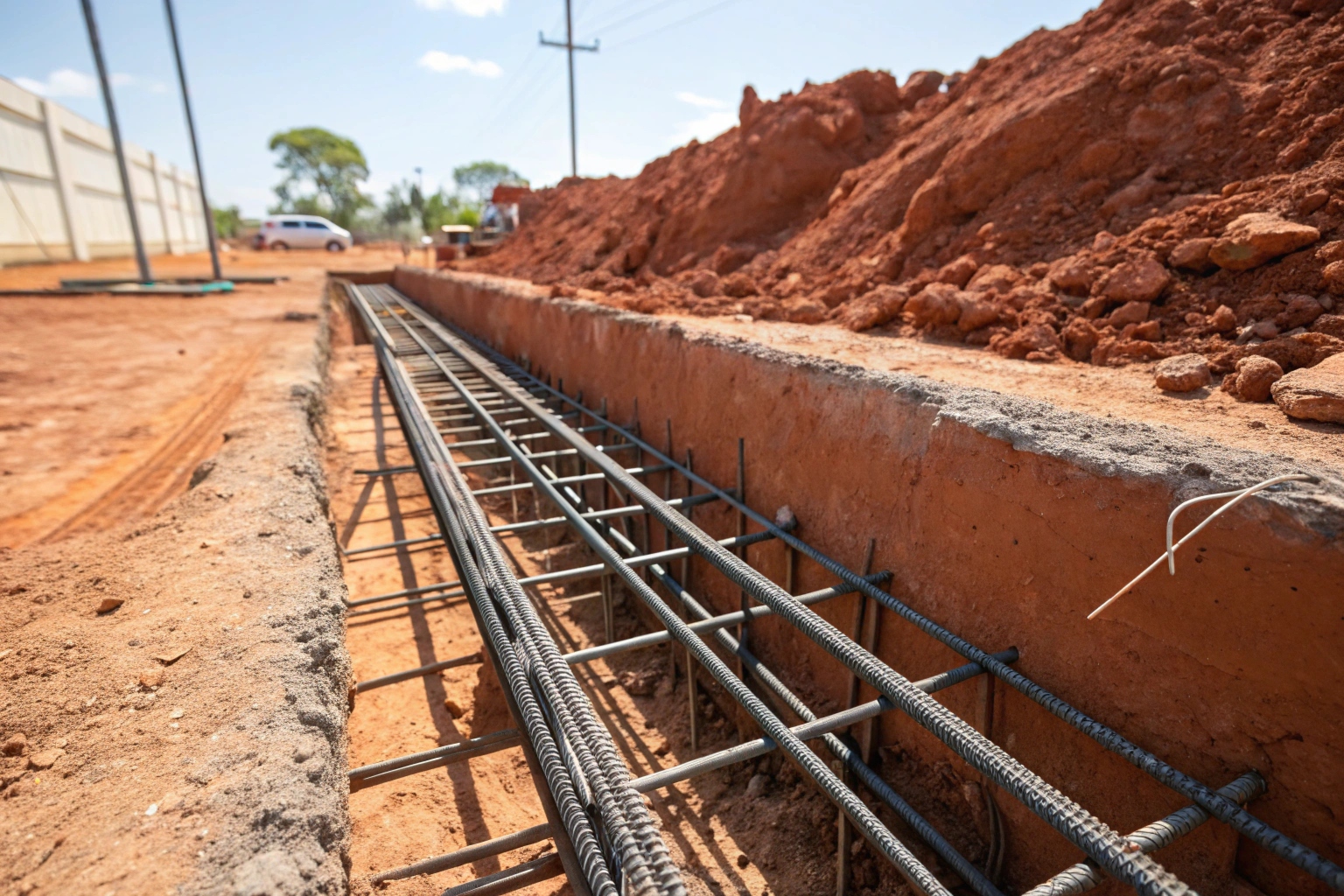 Steel reinforcement placed in concrete foundation excavation on Fraser Coast construction site