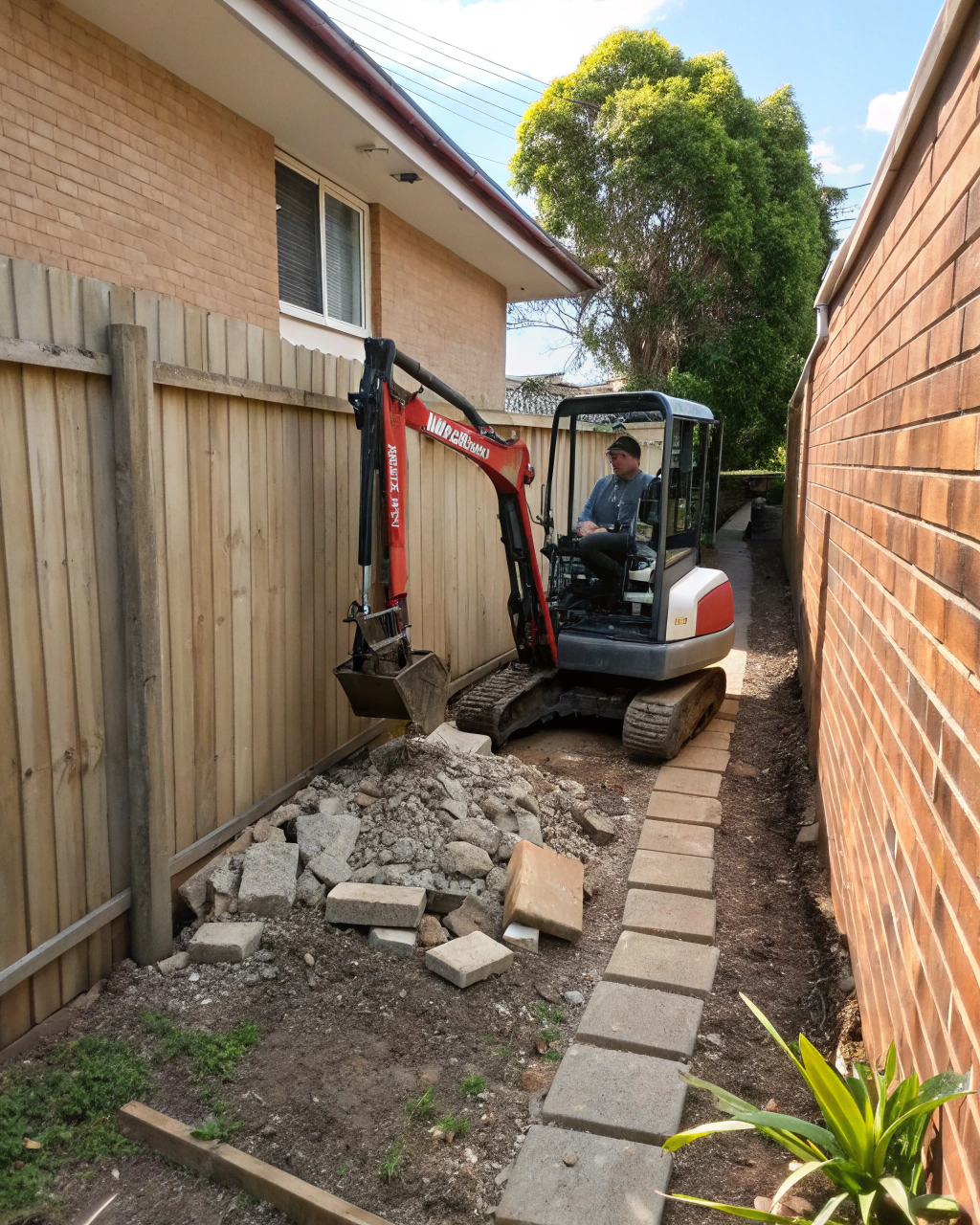 Compact mini excavator with a hydraulic breaker for confined-space concrete demolition