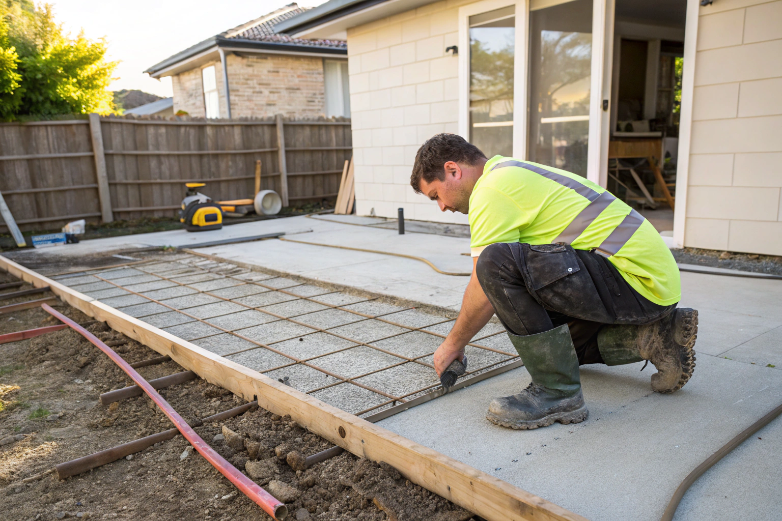 Concreter inspecting steel reinforcement before a residential concrete pour in Hervey Bay