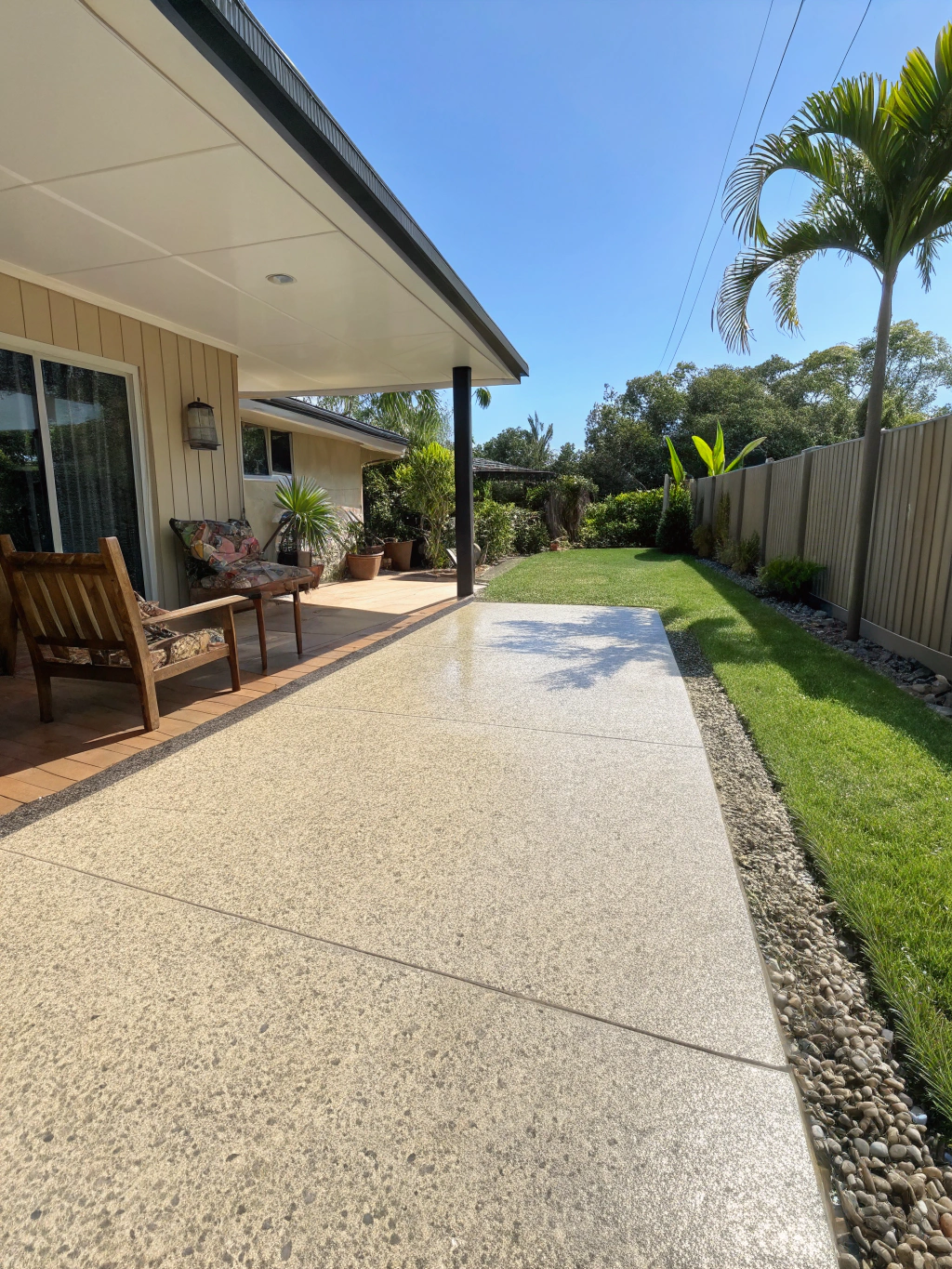 Exposed aggregate patio upgrade completed on a Hervey Bay backyard