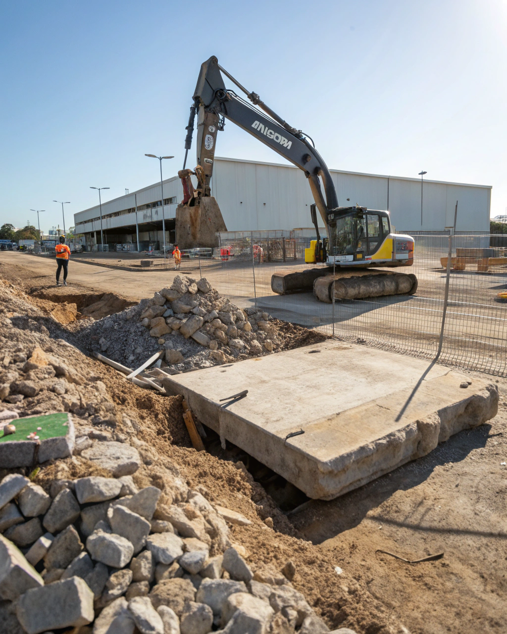 Full-size excavator fitted with a hydraulic breaker demolishing concrete on a Hervey Bay site