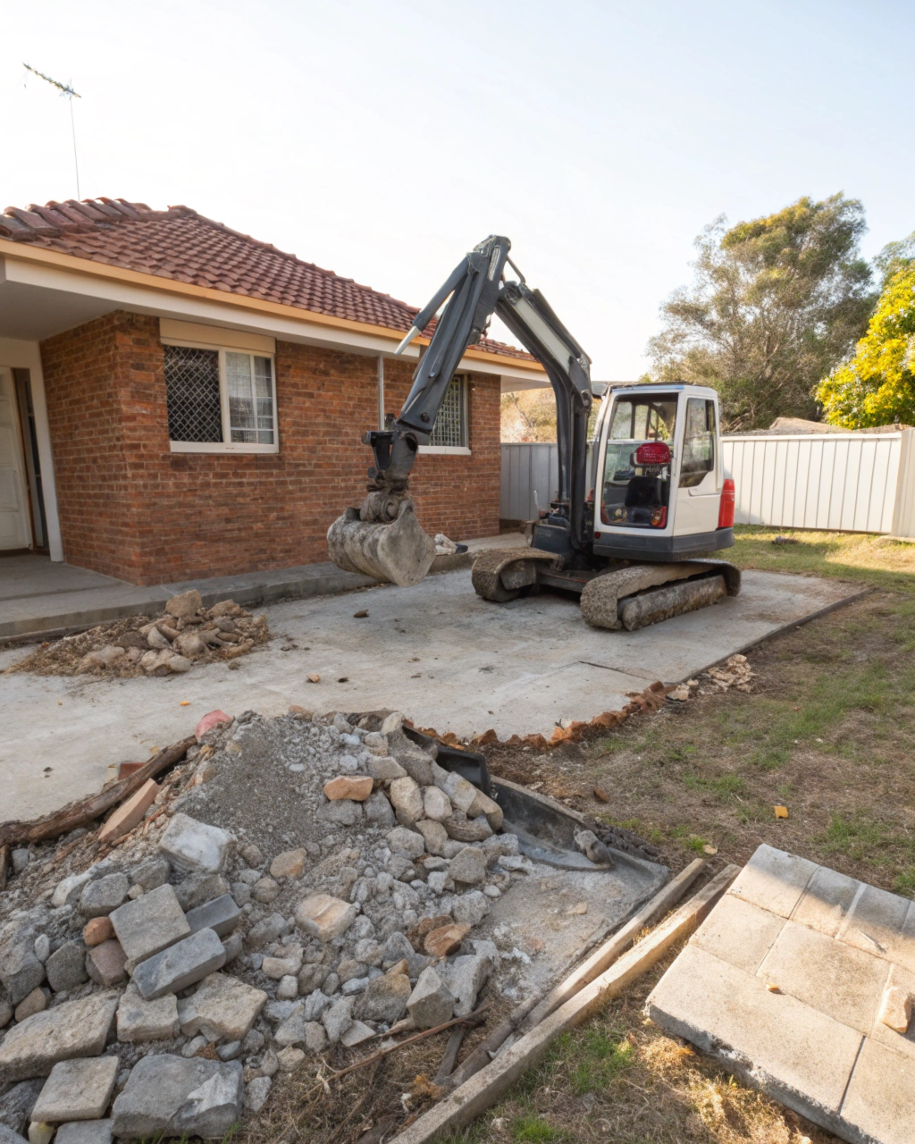 Full-size excavator fitted with a hydraulic breaker demolishing concrete on a Hervey Bay site