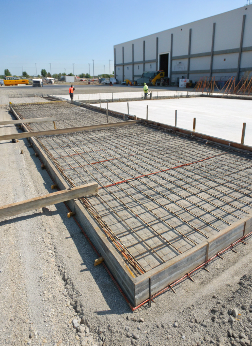 Large commercial concrete slab site with steel reinforcement in place before the pour
