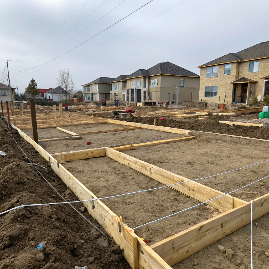 Building site set-out with string lines marking strip footing positions Queensland