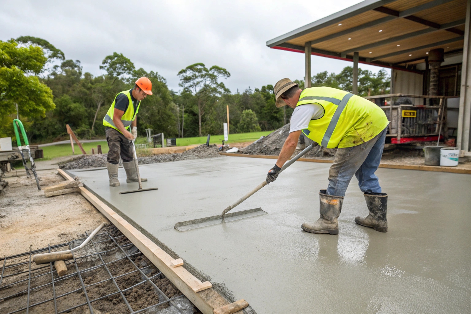 Concreters placing and screeding a house slab pour on a Fraser Coast residential site