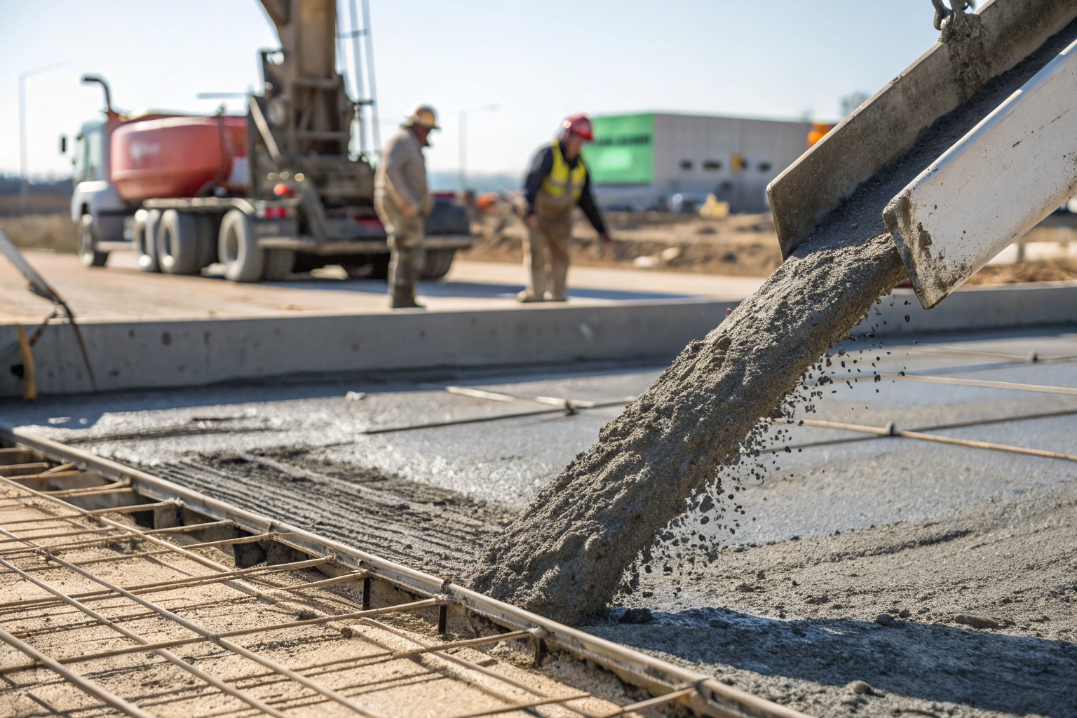 High-strength concrete being discharged from an aggregate mixer into formwork