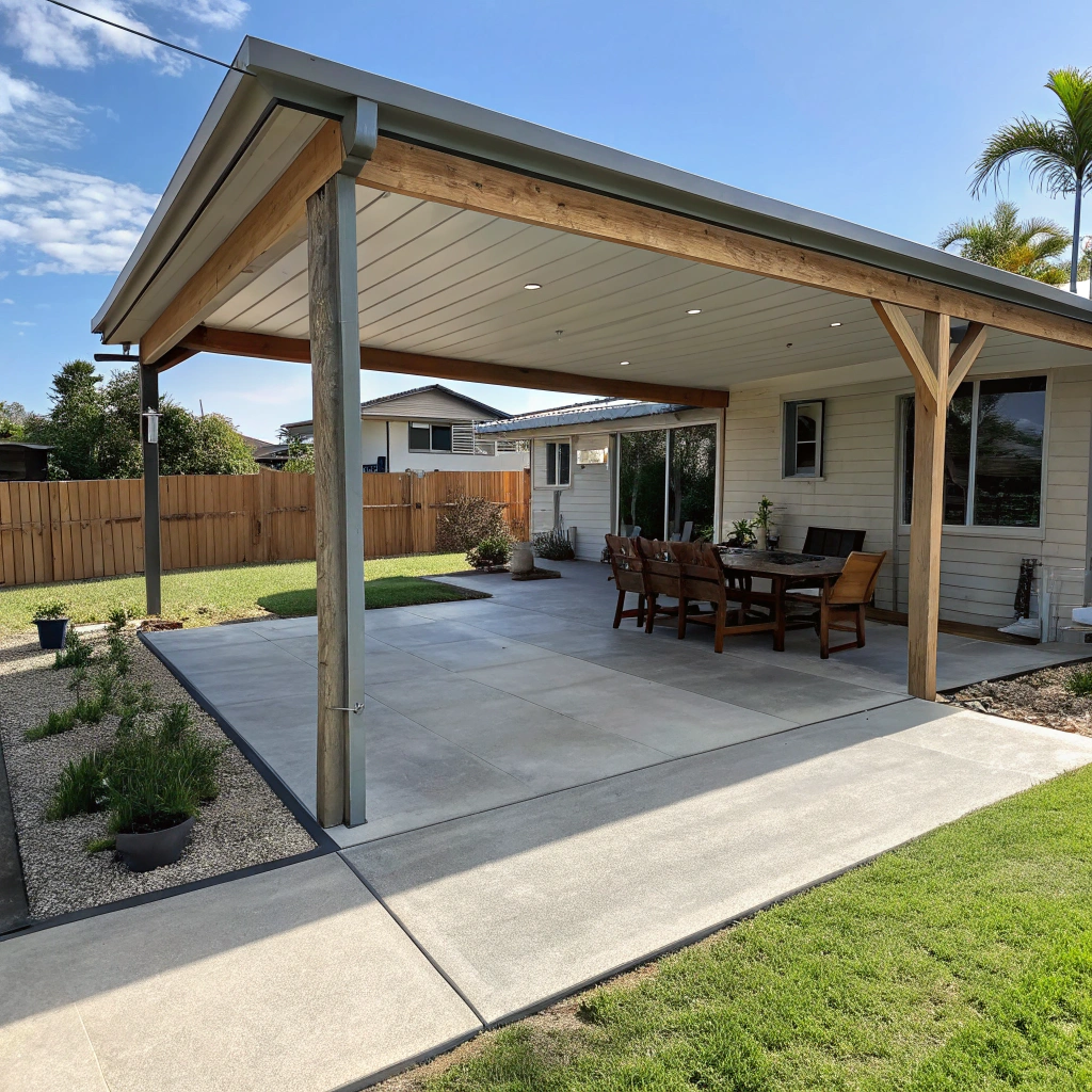 Brushed concrete outdoor entertaining area at a Queensland home with outdoor furniture