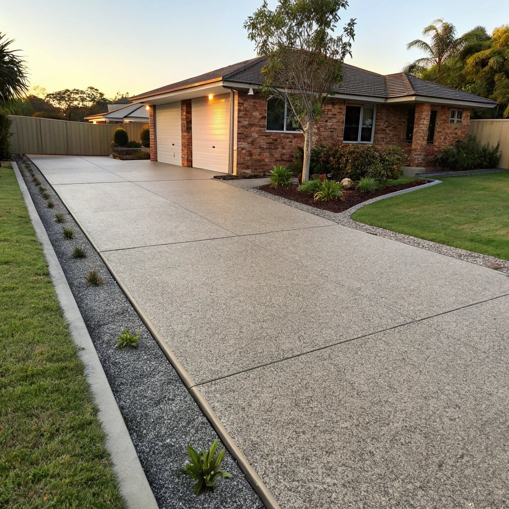 Freshly poured exposed aggregate driveway at a low-set coastal Queensland hom