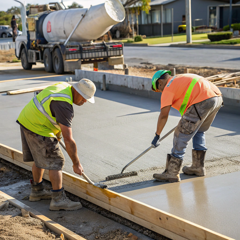 Concreters pouring a new home floor slab at a residential build in Dundowran Beach